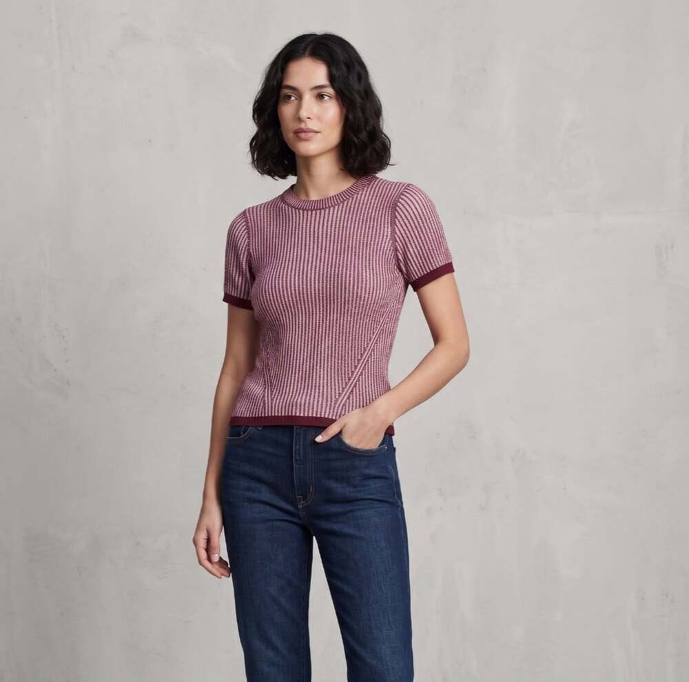 Rag & Bone Alexis Top Size M Maroon Ribbed Knit Short Sleeve Crewneck